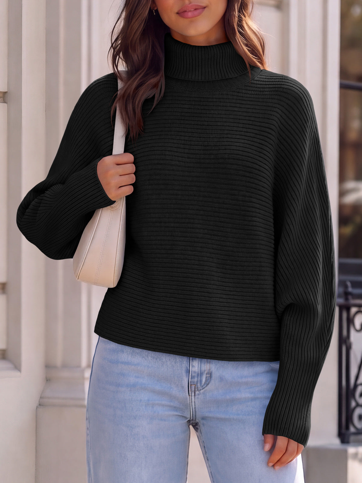 Saodimallsu Womens Batwing Sleeve Knit Turtleneck Sweater