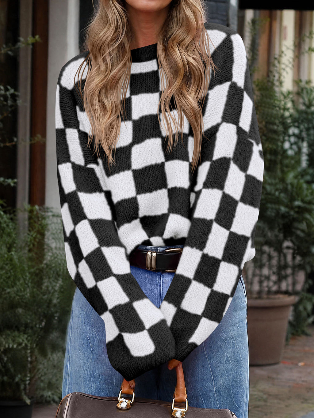 Saodimallsu Womens Checkered Fuzzy Sweaters