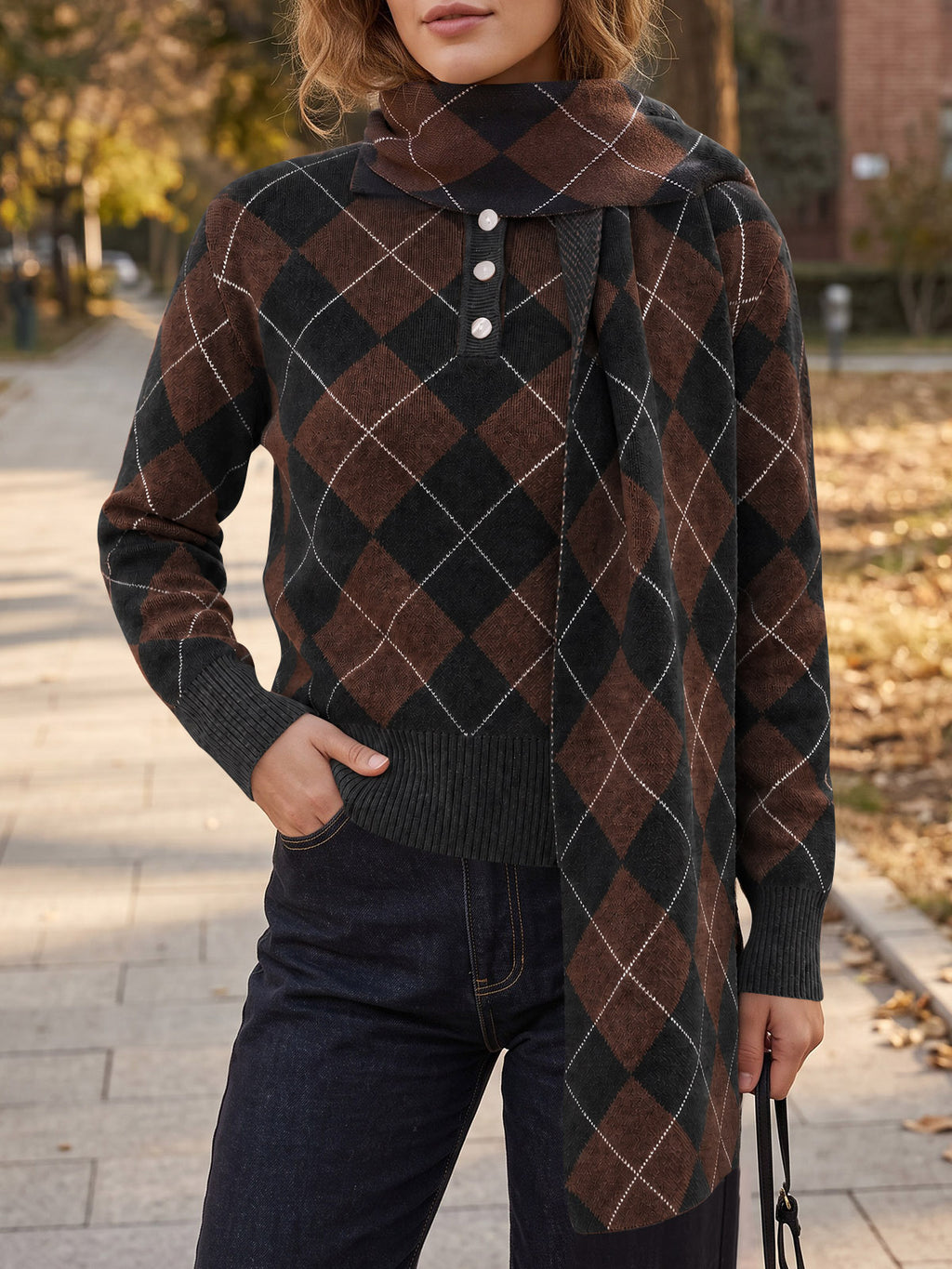 Saodimallsu Womens Argyle Color Block Polo Sweater