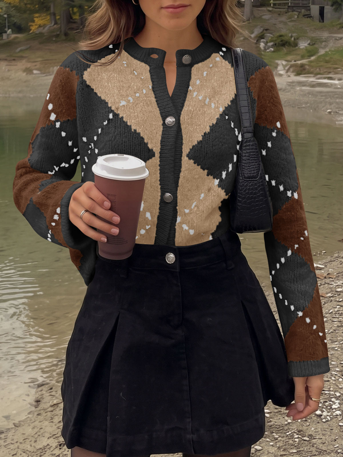 Saodimallsu Womens Argyle Crew Neck Knit Cardigan