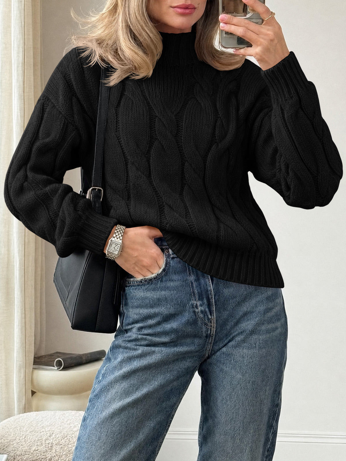 Saodimallsu Womens Mock Neck Cable Knit Sweater