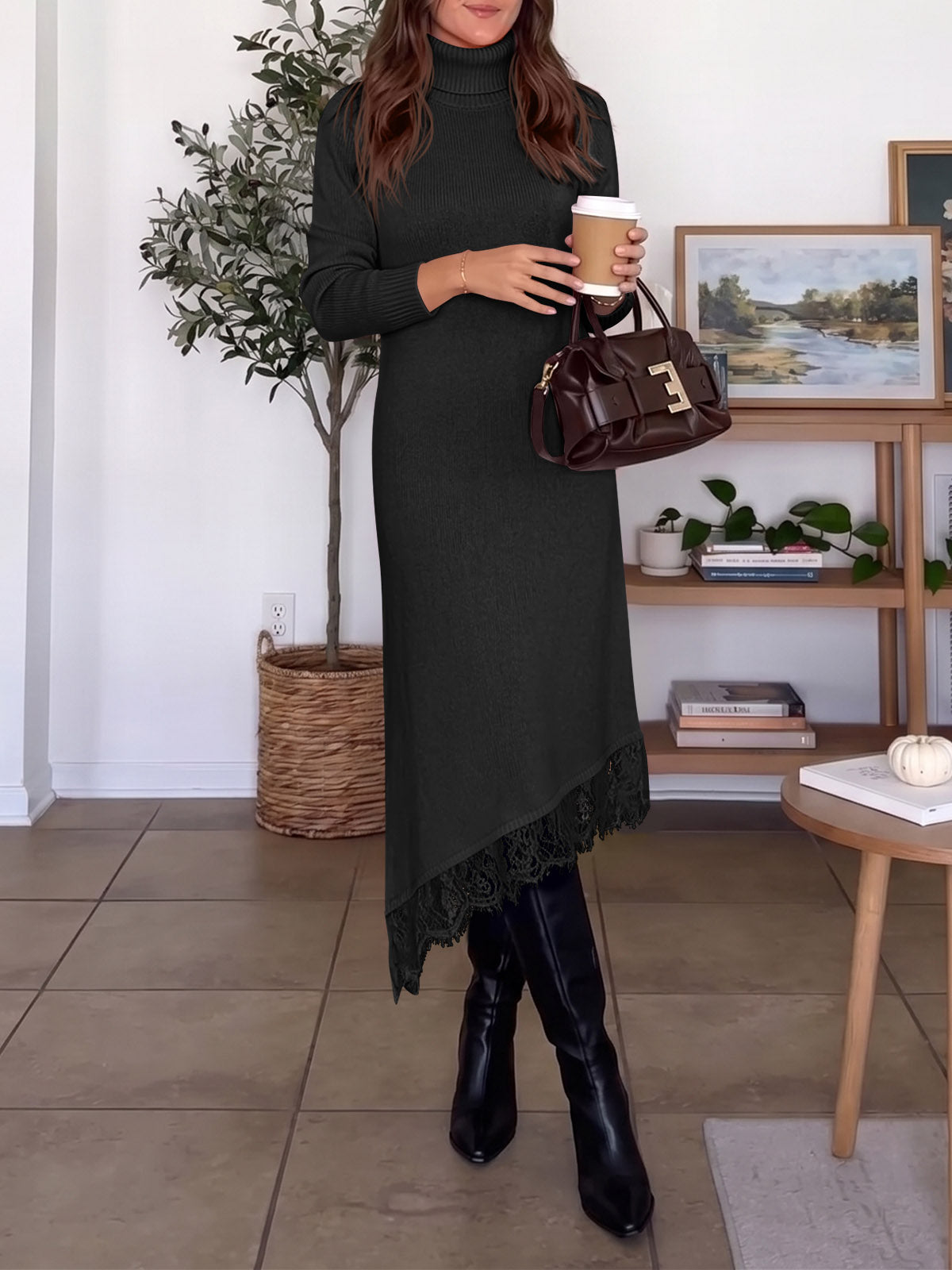 Saodimallsu Womens Lace Turtleneck Sweater Dress