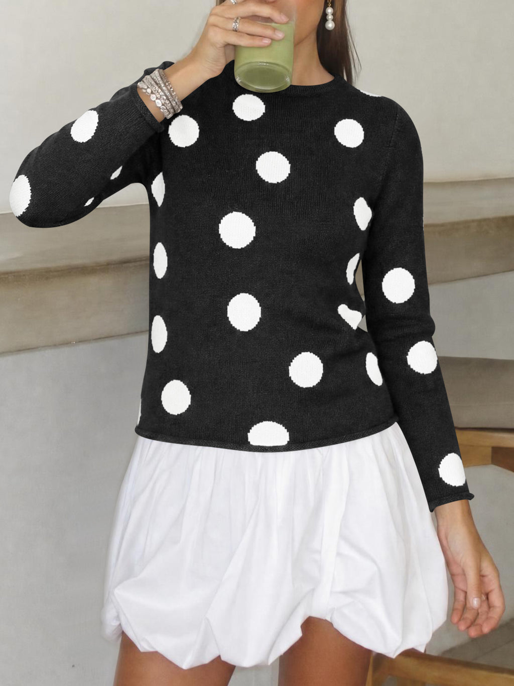 Saodimallsu Womens Polka Dot Long Sleeve Sweater