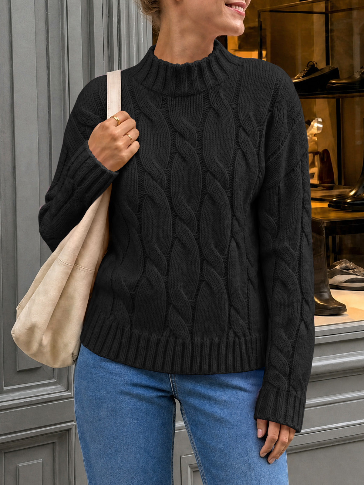 Saodimallsu Womens Mock Neck Cable Knit Sweater