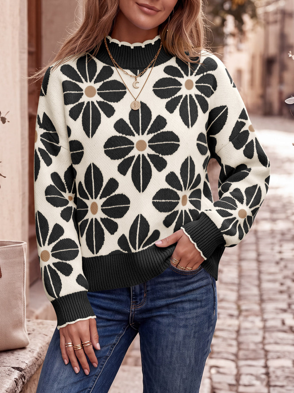 Saodimallsu Womens Mock Neck Floral Knit Sweater