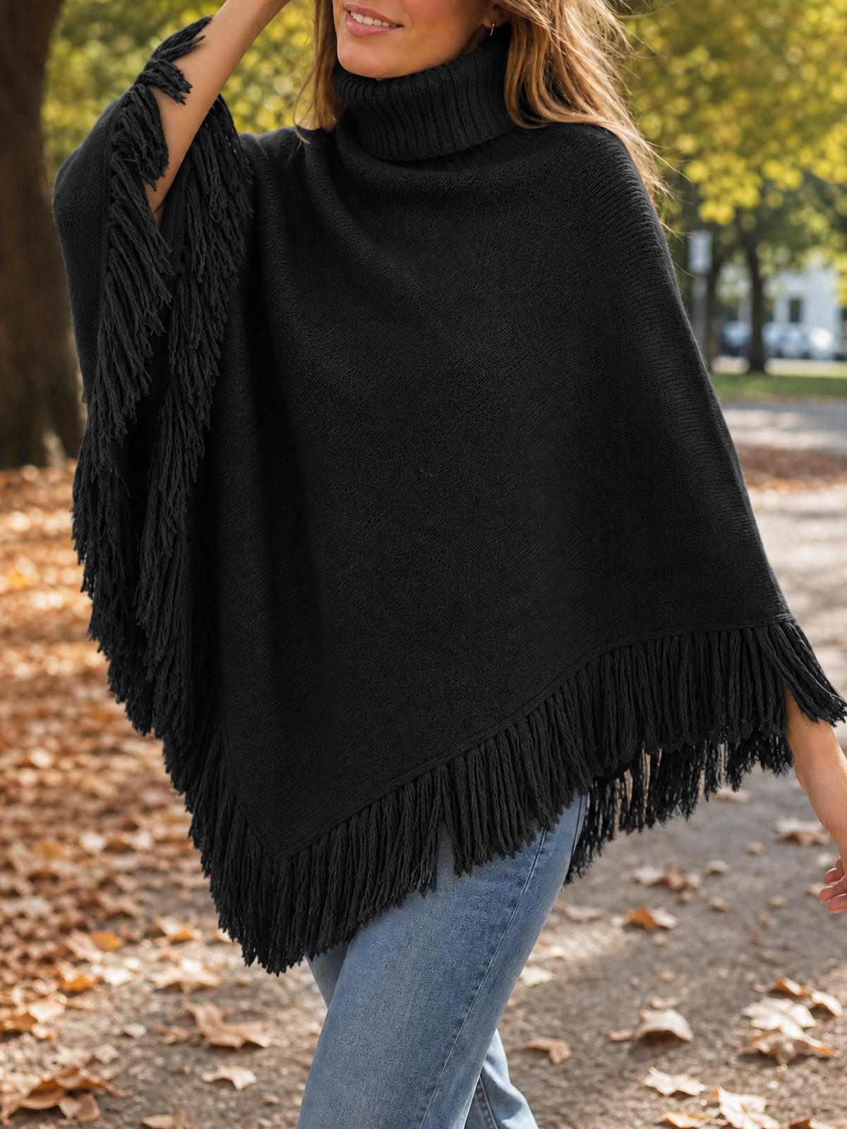 Saodimallsu Womens Fringe Turtleneck Poncho Sweater
