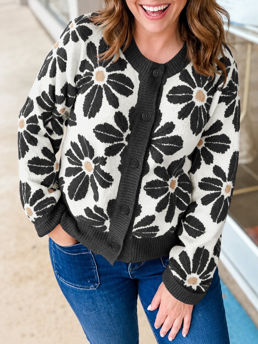 Saodimallsu Womens Floral Button Up Vintage Sweater