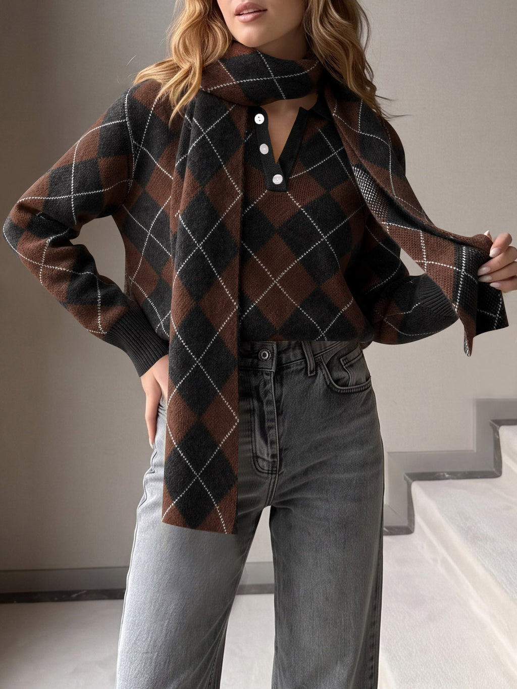 Saodimallsu Womens Argyle Color Block Polo Sweater