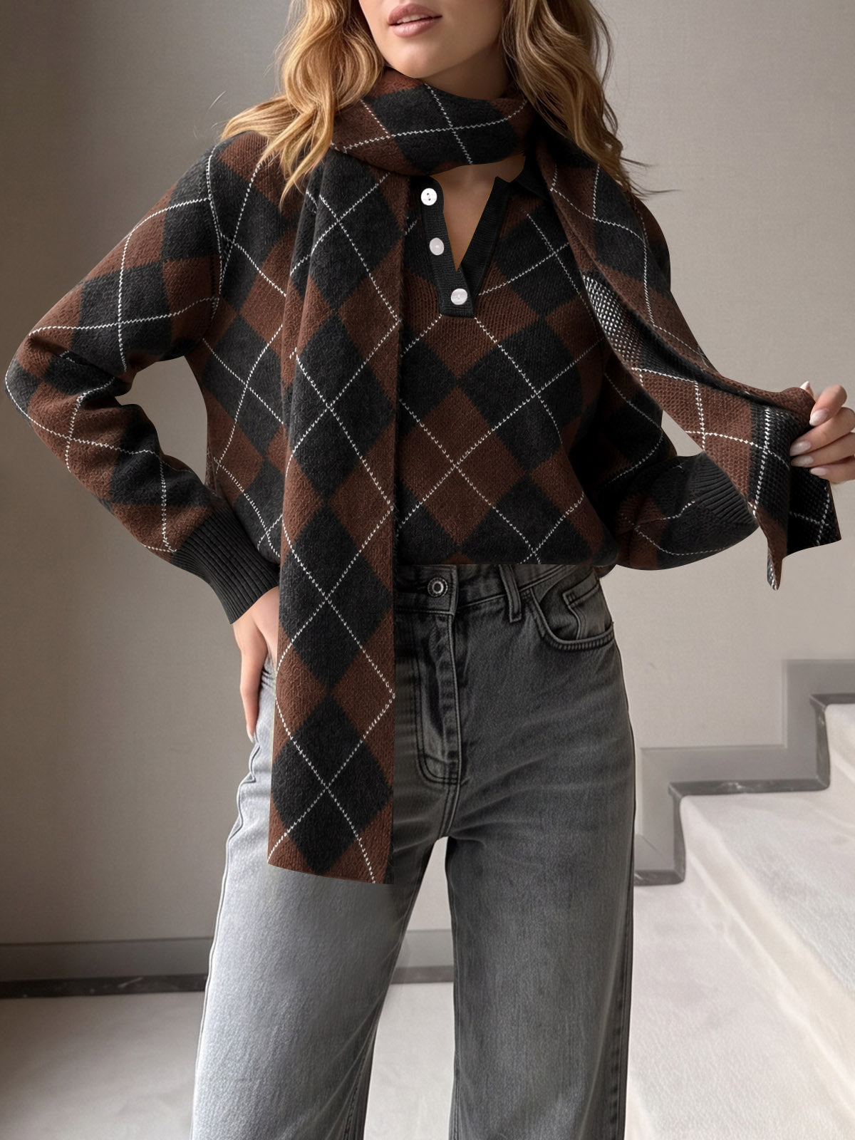 Saodimallsu Womens Argyle Color Block Polo Sweater