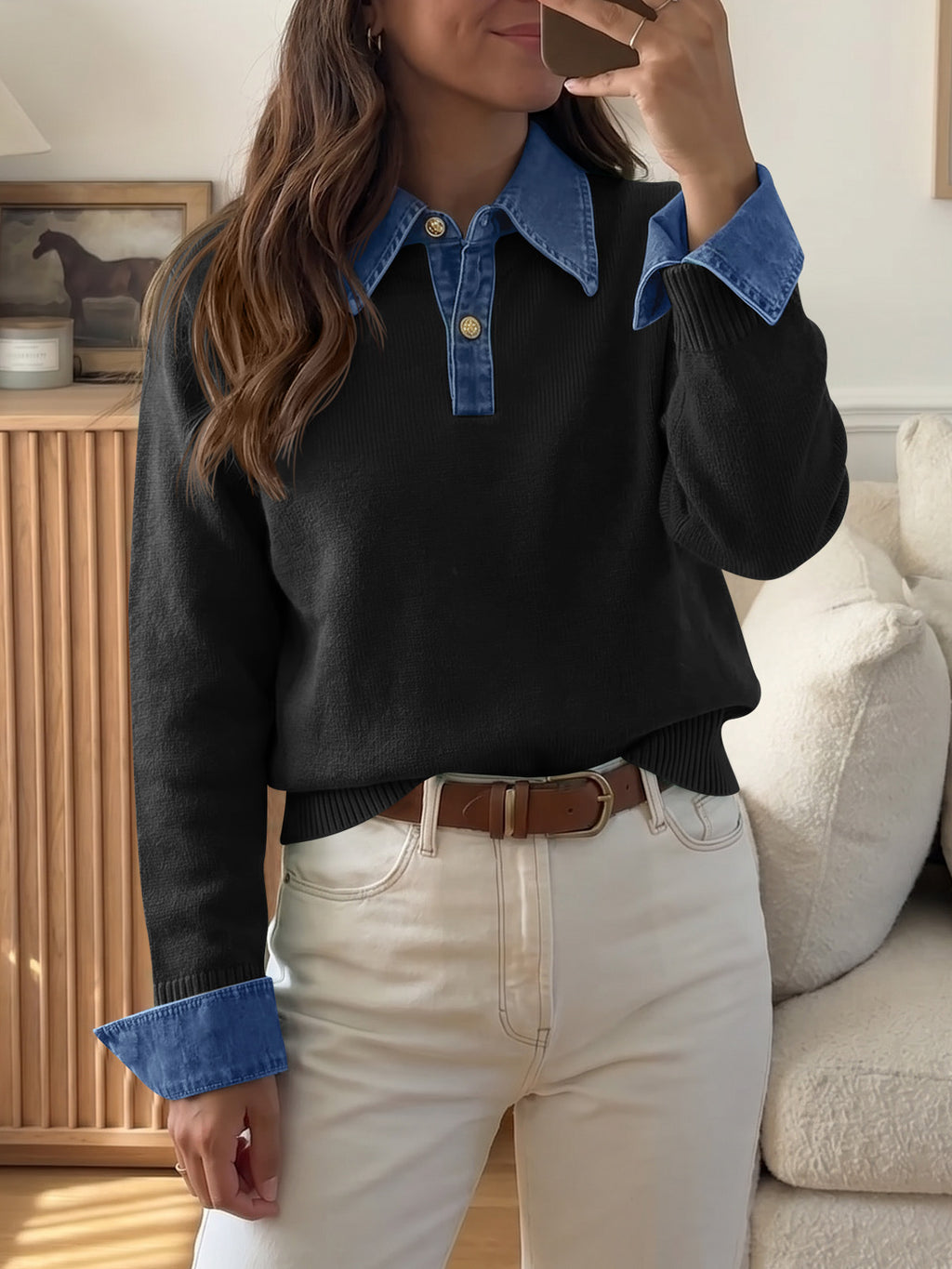 Saodimallsu Women Denim Patchwork V Neck Sweater Tops
