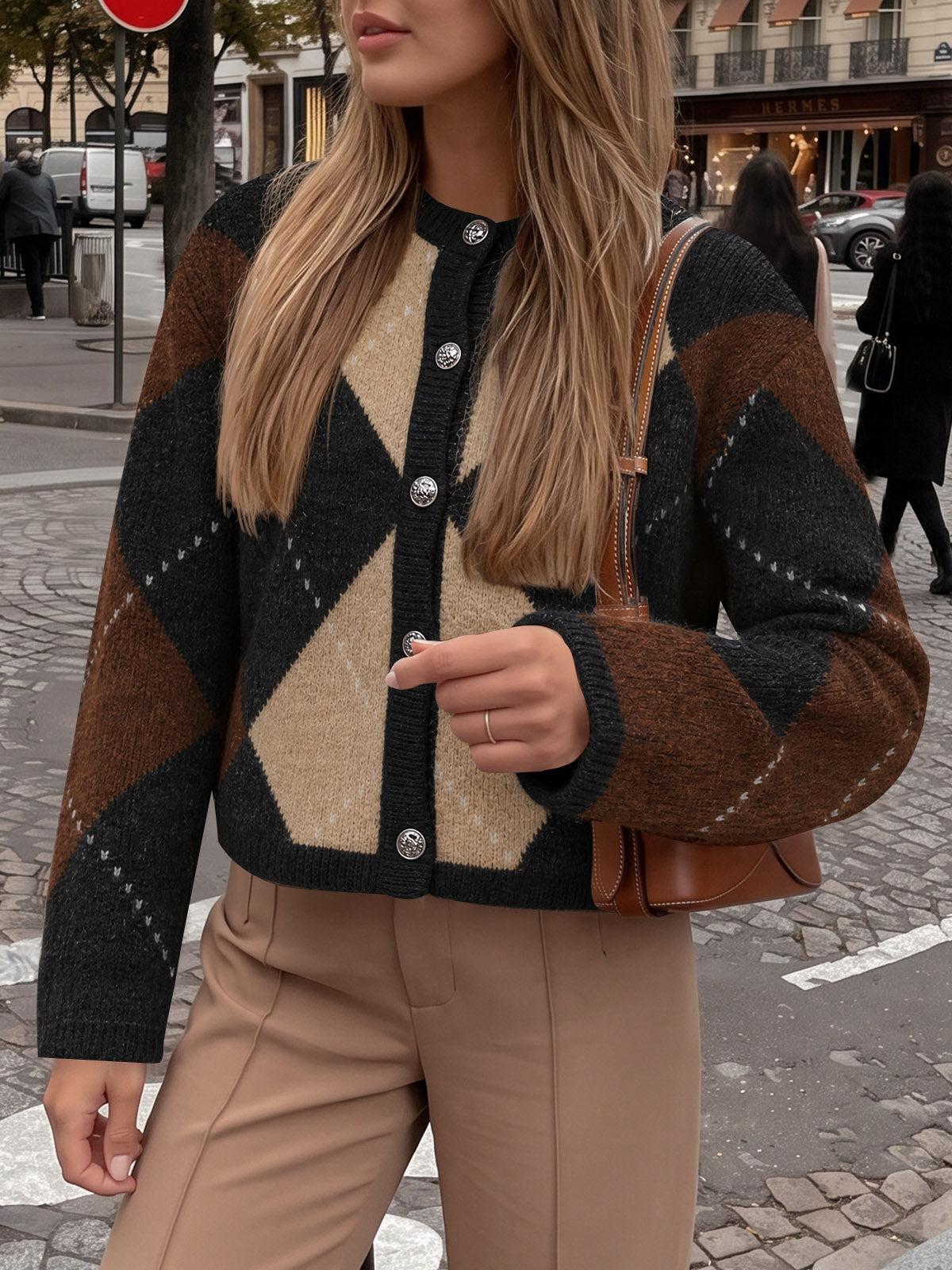 Saodimallsu Womens Argyle Crew Neck Knit Cardigan