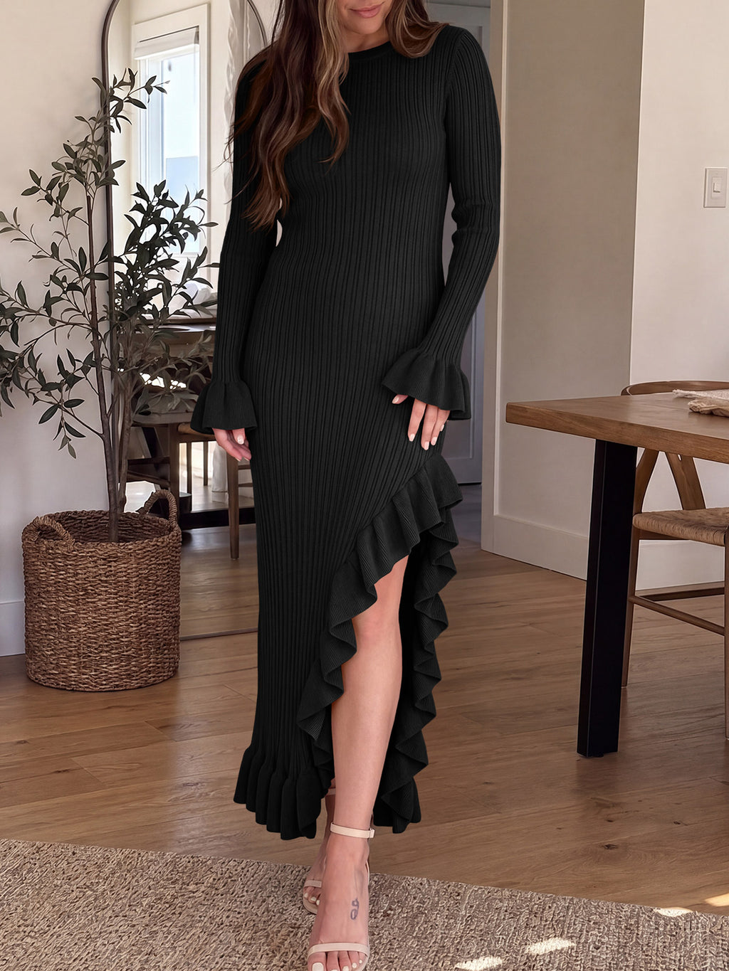 Saodimallsu Womens Bell Sleeve Ruffle Sweater Dress
