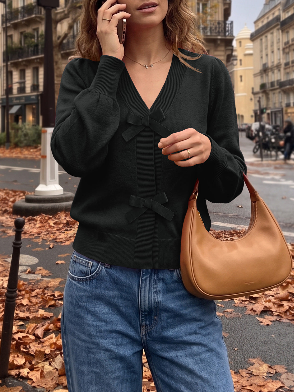 Saodimallsu Women V Neck Bow Knit Cardigan