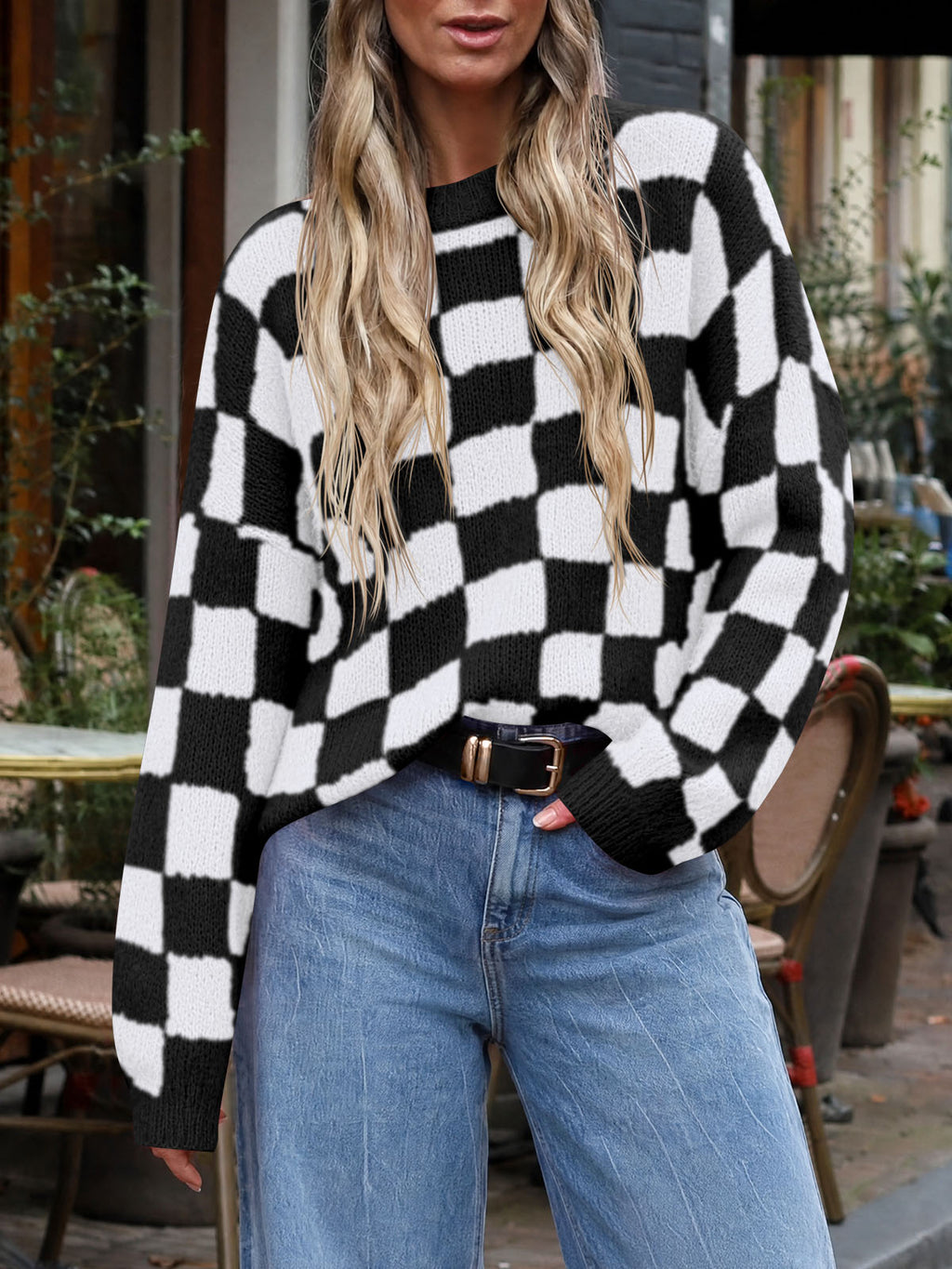 Saodimallsu Womens Checkered Fuzzy Sweaters