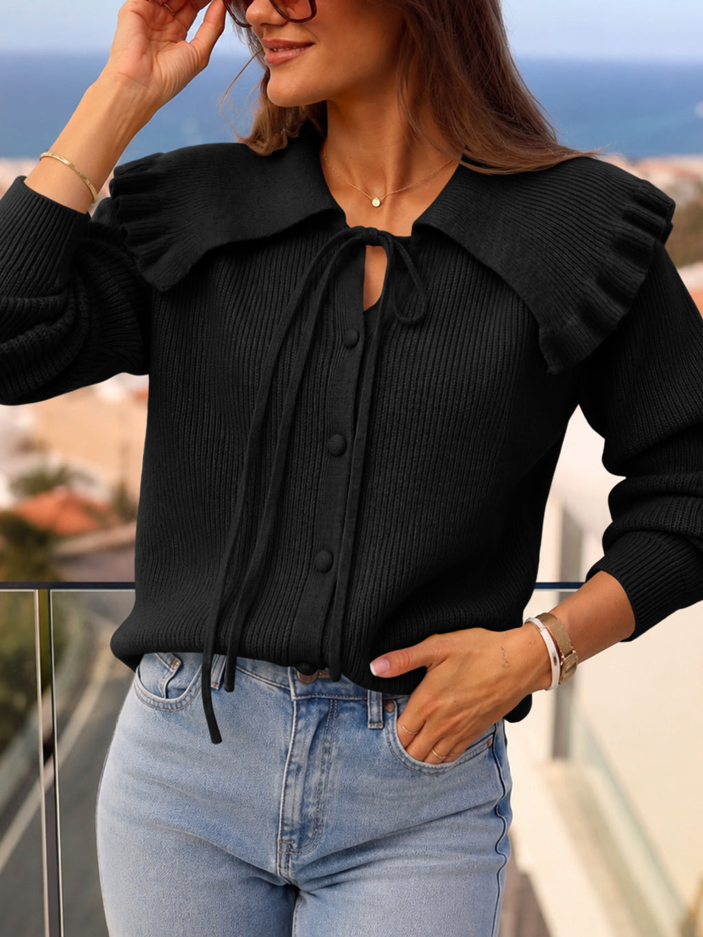 Saodimallsu Women Ruffle Collar Knit Cardigan