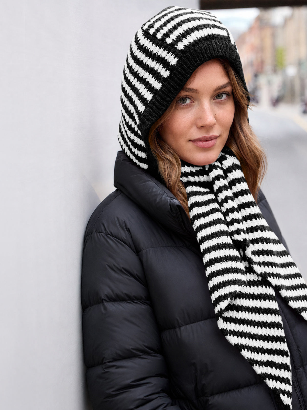 Saodimallsu Womens Striped Hooded Scarf Knit Hat