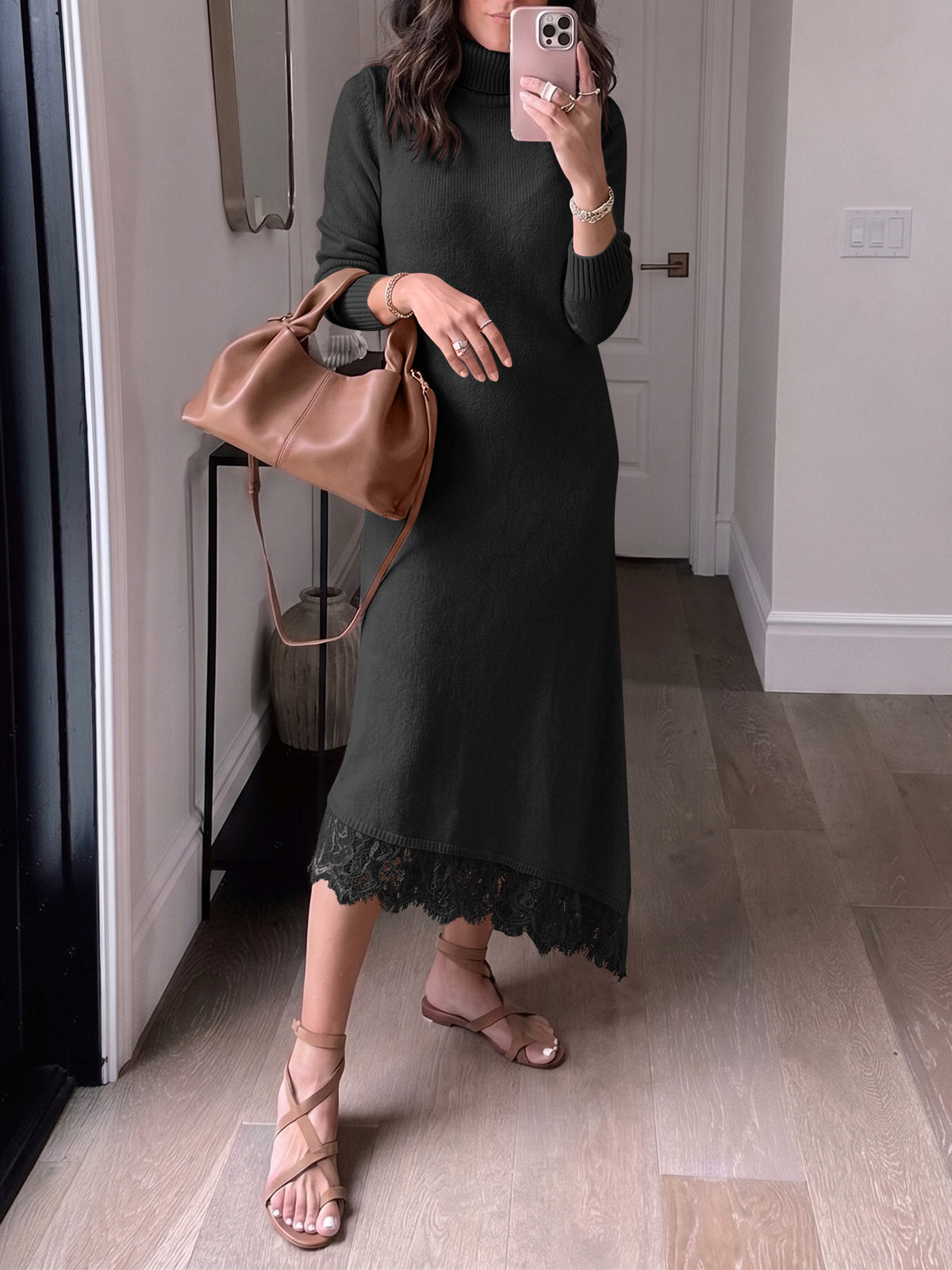 Saodimallsu Womens Lace Turtleneck Sweater Dress