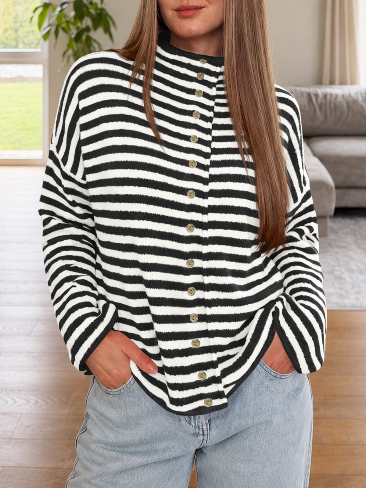 Saodimallsu Womens Striped Mock Neck Cardigan