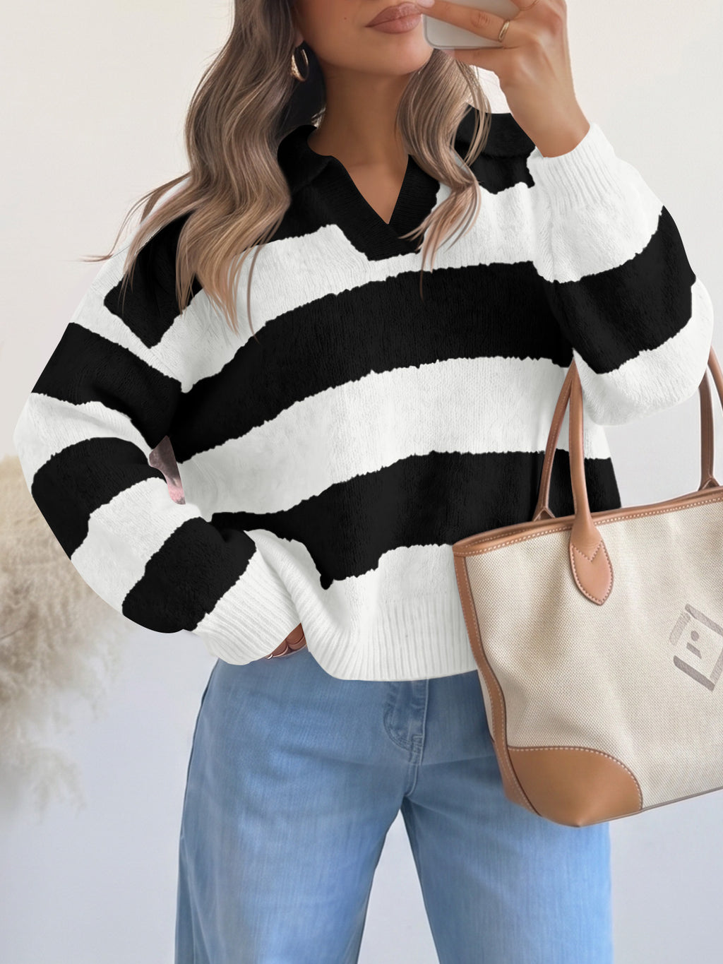 Saodimallsu Womens Striped Polo V Neck Sweaters