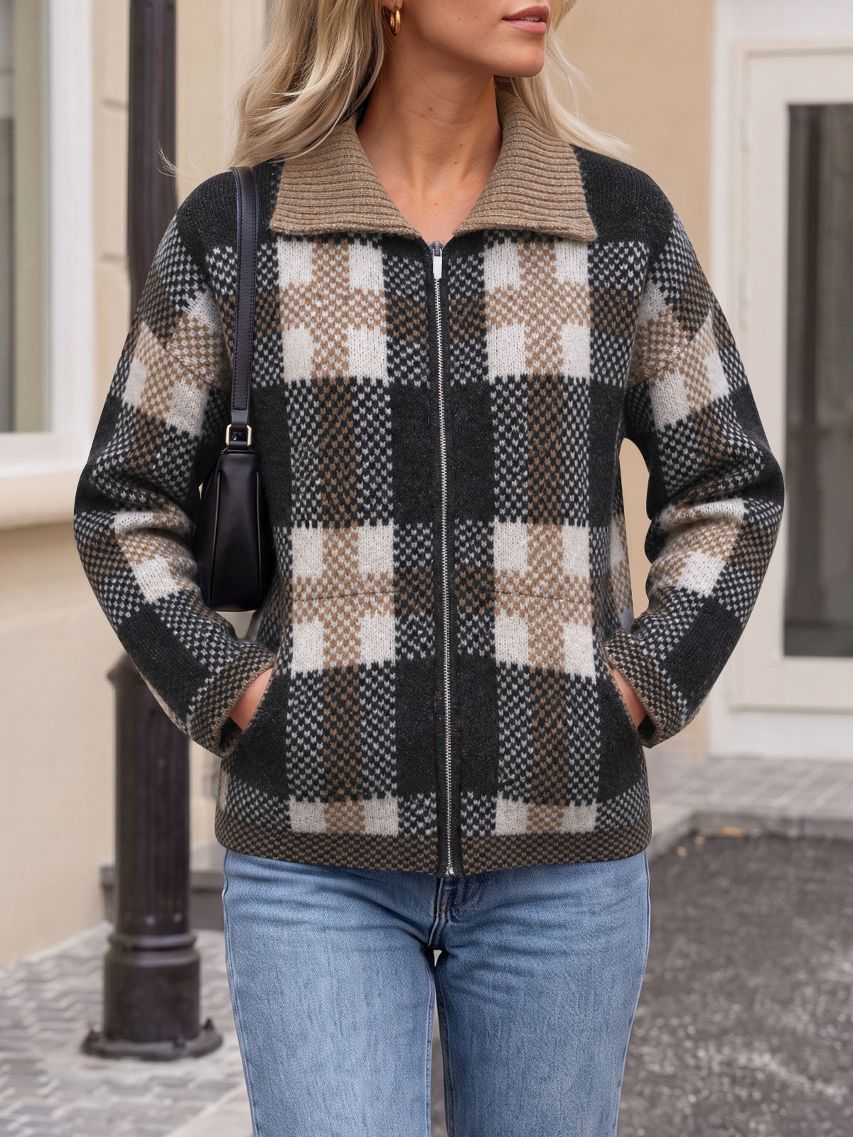 Saodimallsu Womens Plaid Color Block Zip Cardigan