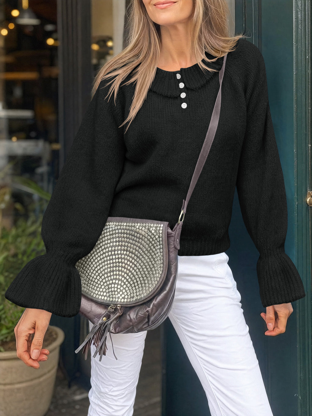 Saodimallsu Women Ruffle Collared Long Sleeve Sweater