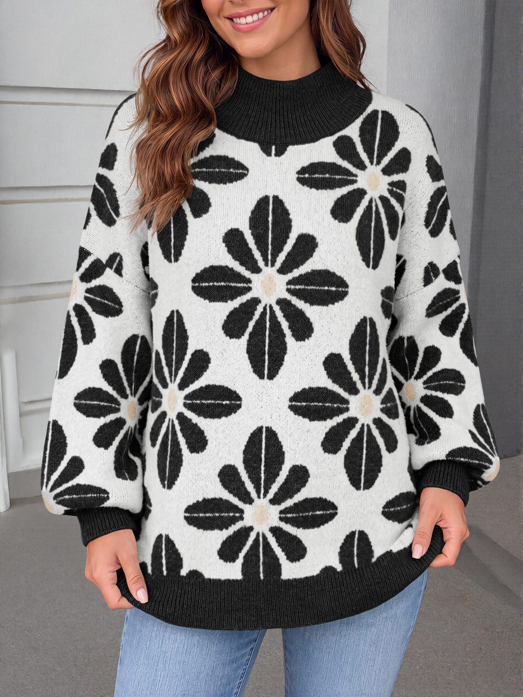 Saodimallsu Womens Floral Mock Neck Chunky Sweater