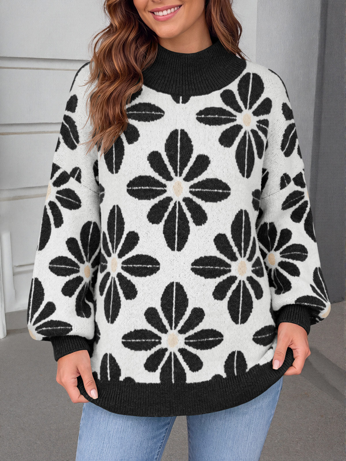 Saodimallsu Womens Floral Mock Neck Chunky Sweater