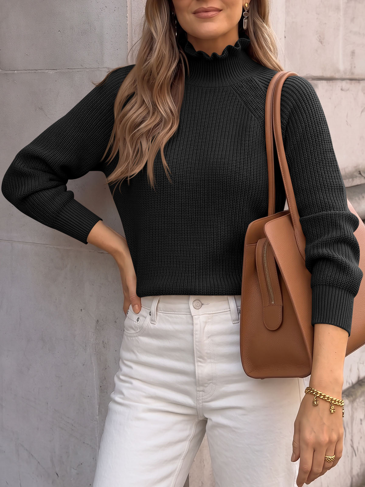 Saodimallsu Womens Ruffle Mock Neck Sweater
