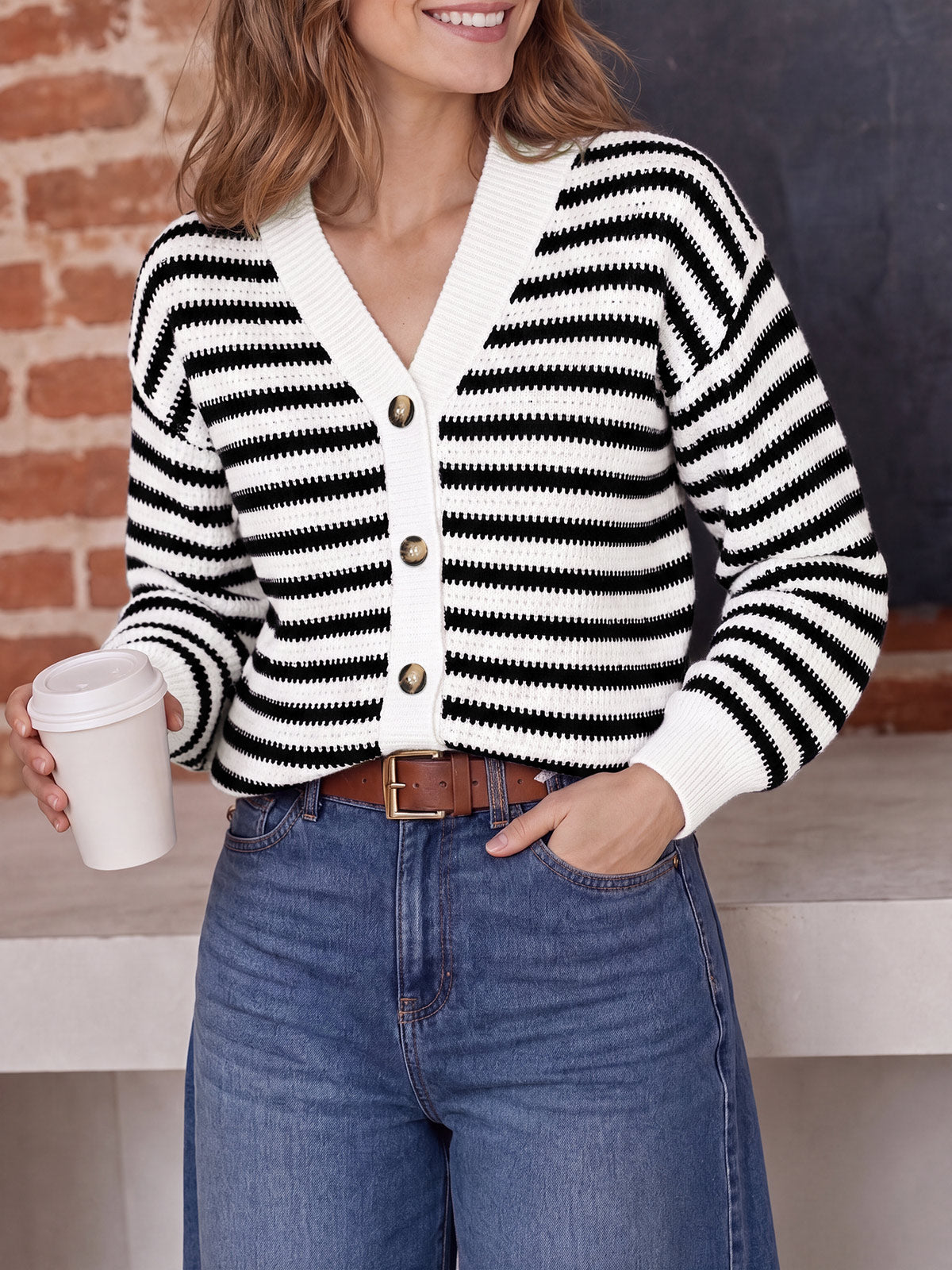 Saodimallsu Womens Striped V Neck Cardigan