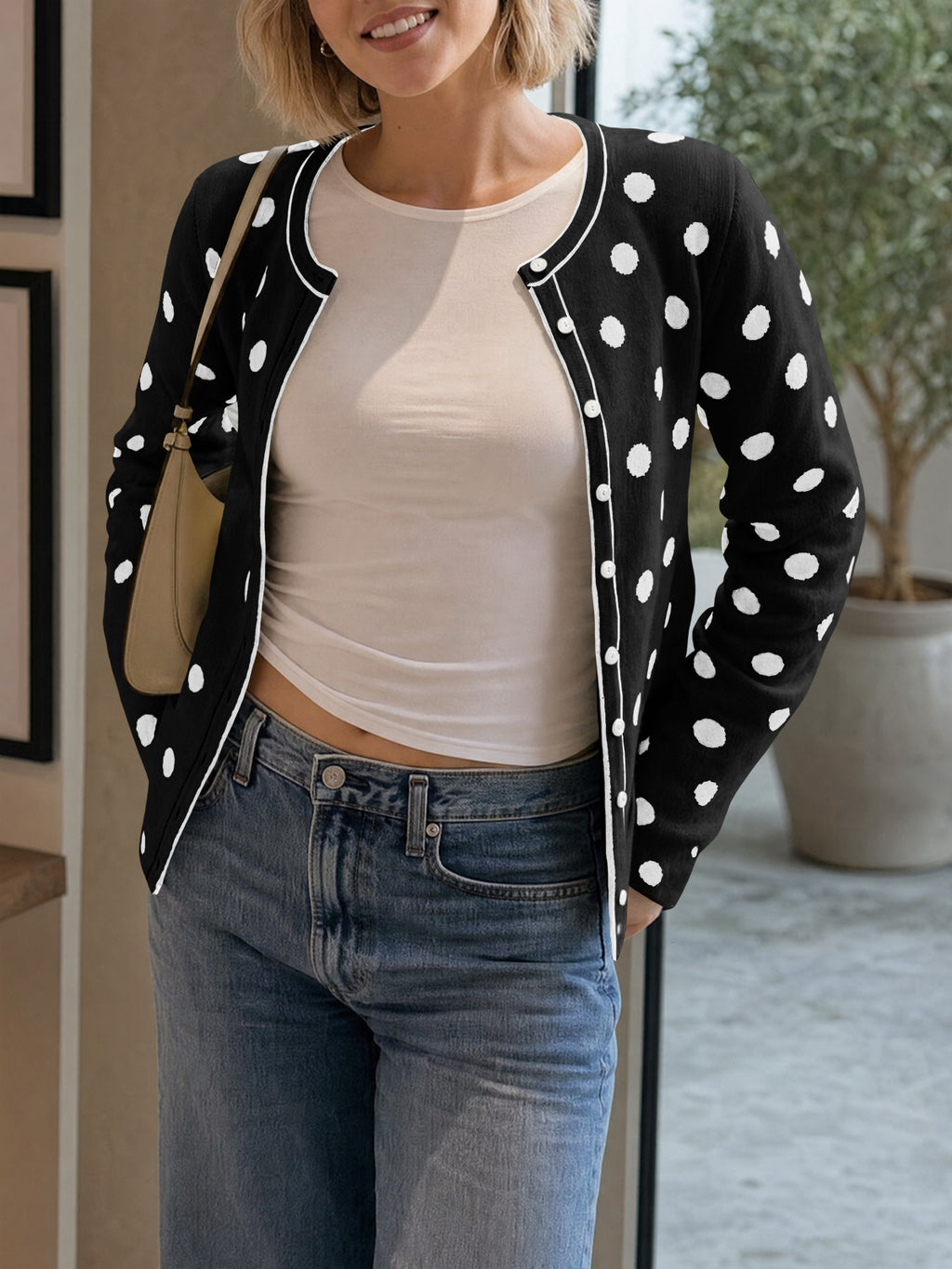 Saodimallsu Womens Polka Dot Button Up Cardigan