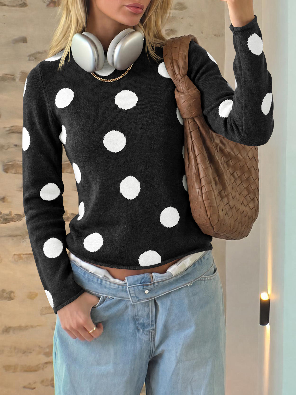 Saodimallsu Womens Polka Dot Long Sleeve Sweater