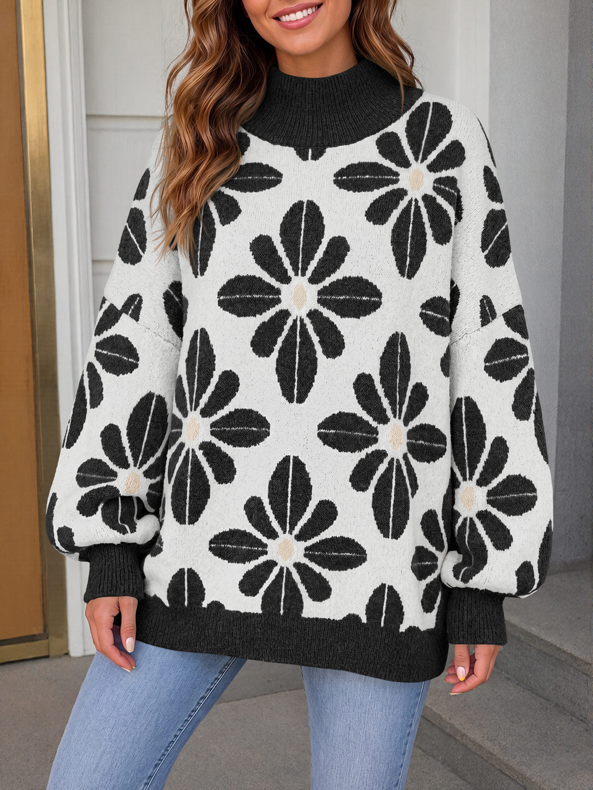 Saodimallsu Womens Floral Mock Neck Chunky Sweater