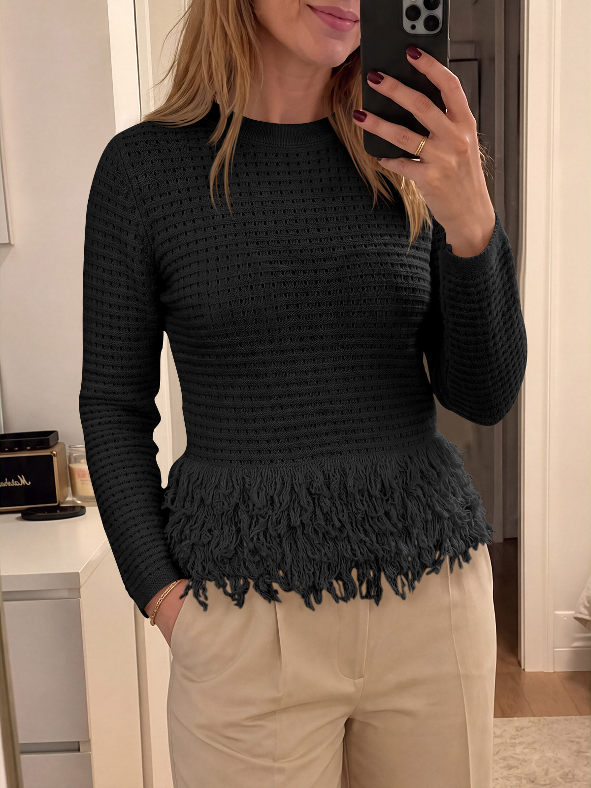Saodimallsu Womens Crochet Fringe Crew Neck Sweater