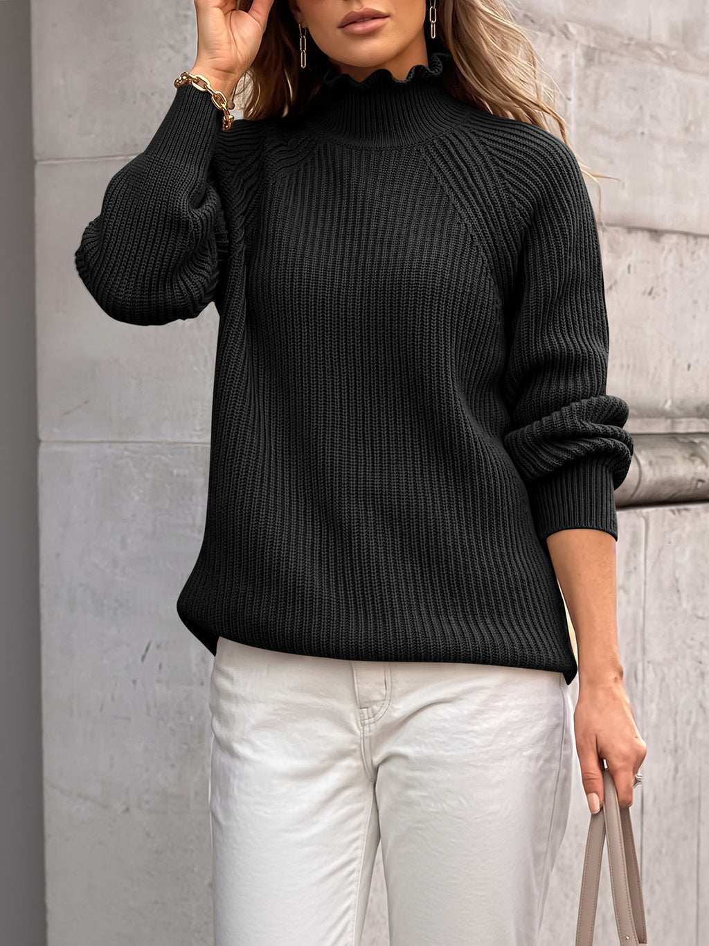 Saodimallsu Womens Ruffle Mock Neck Sweater
