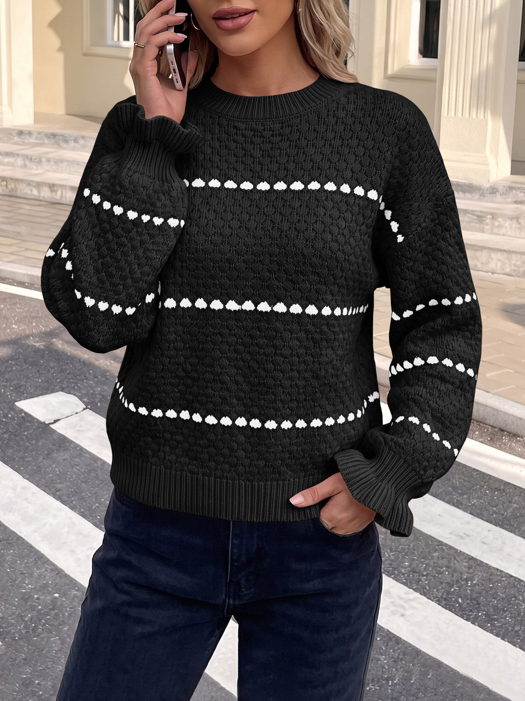 Saodimallsu Womens Heart Striped Ruffle Sweaters