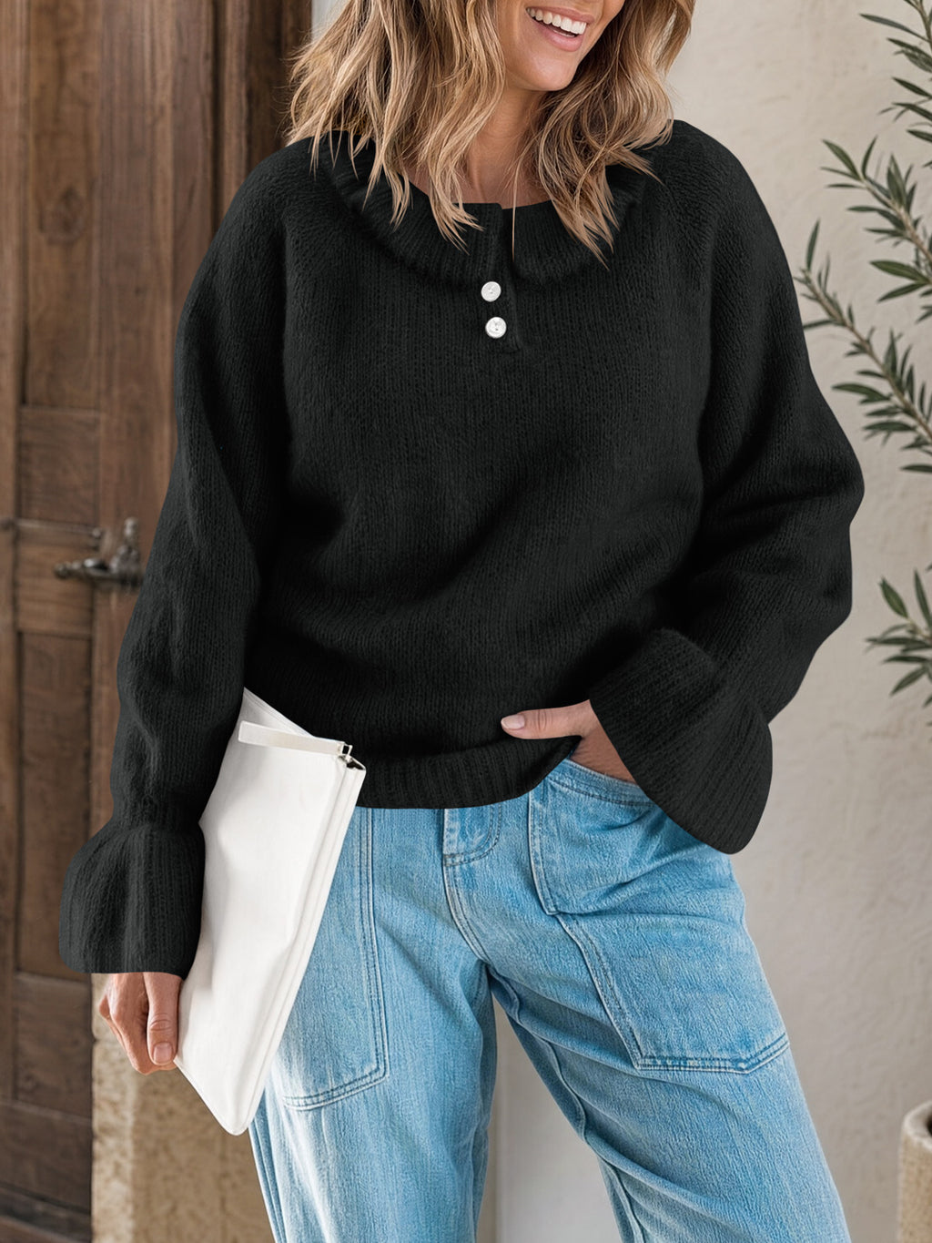 Saodimallsu Women Ruffle Collared Long Sleeve Sweater