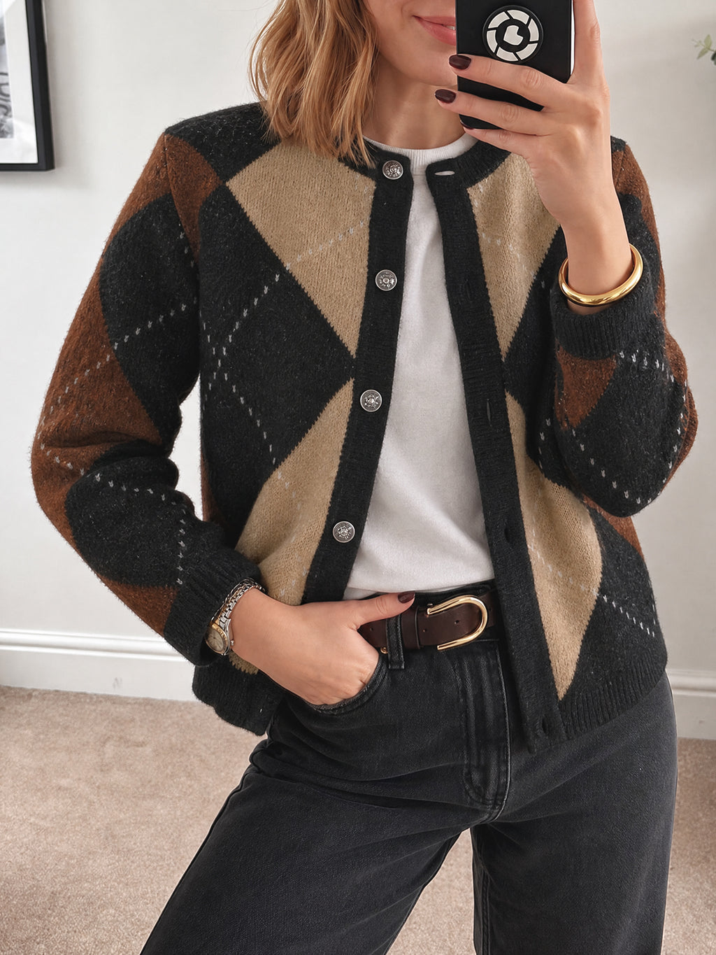 Saodimallsu Womens Argyle Crew Neck Knit Cardigan