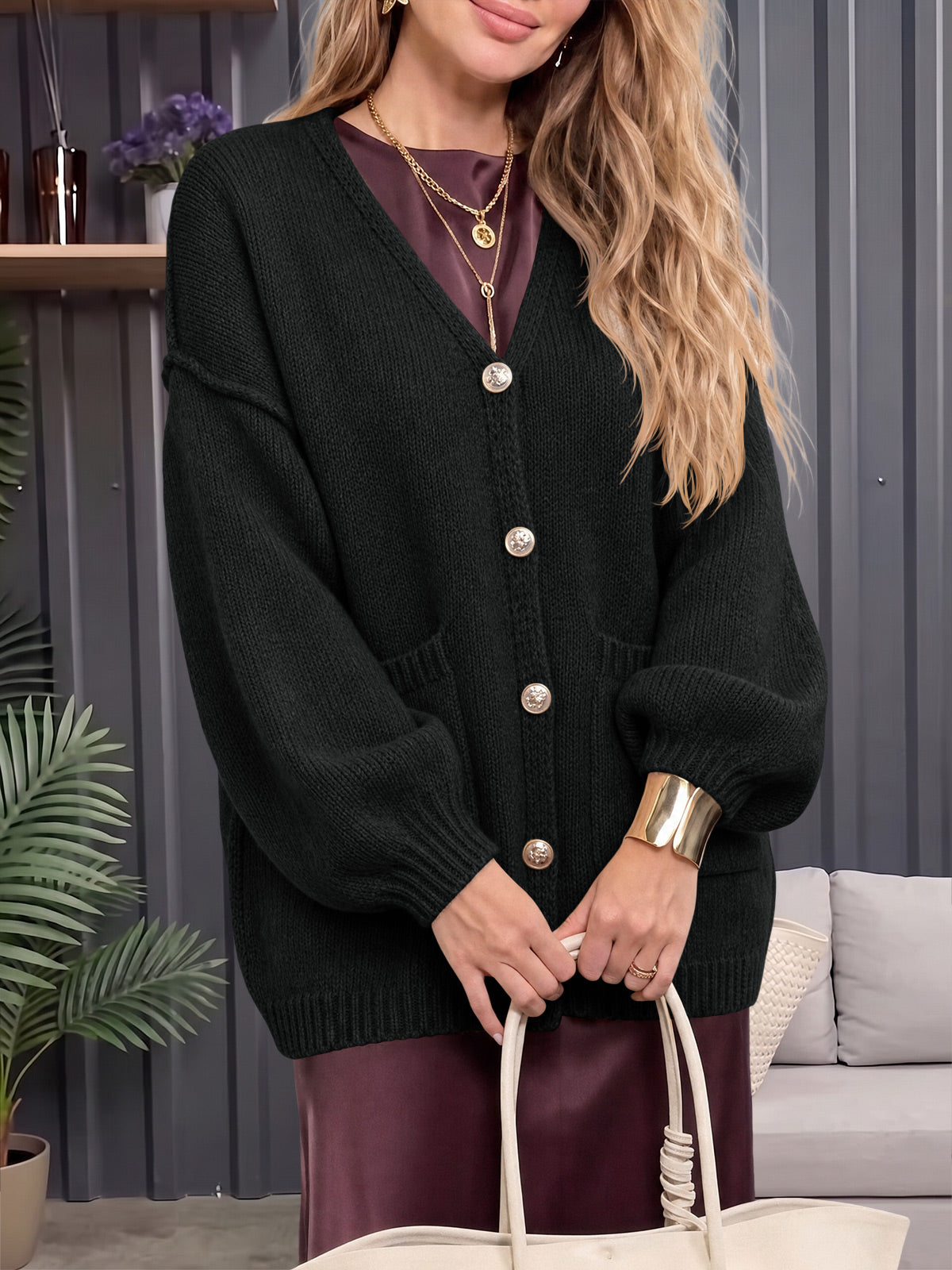 Saodimallsu Womens V Neck Loose Button Cardigan