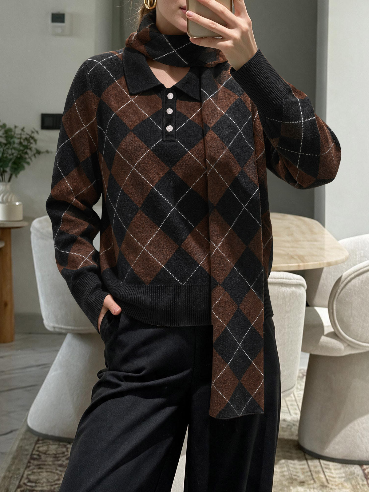 Saodimallsu Womens Argyle Color Block Polo Sweater