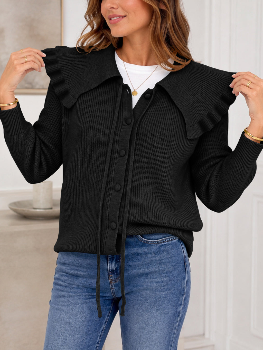 Saodimallsu Women Ruffle Collar Knit Cardigan