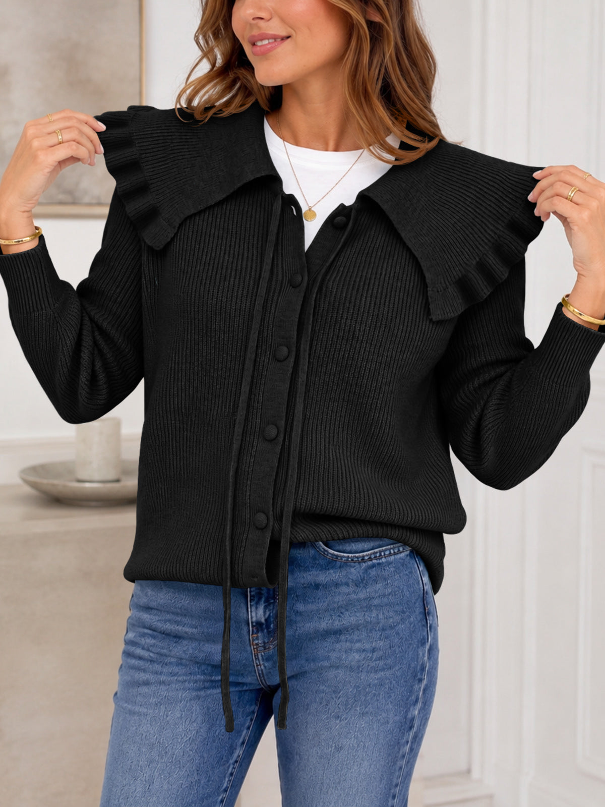 Saodimallsu Women Ruffle Collar Knit Cardigan