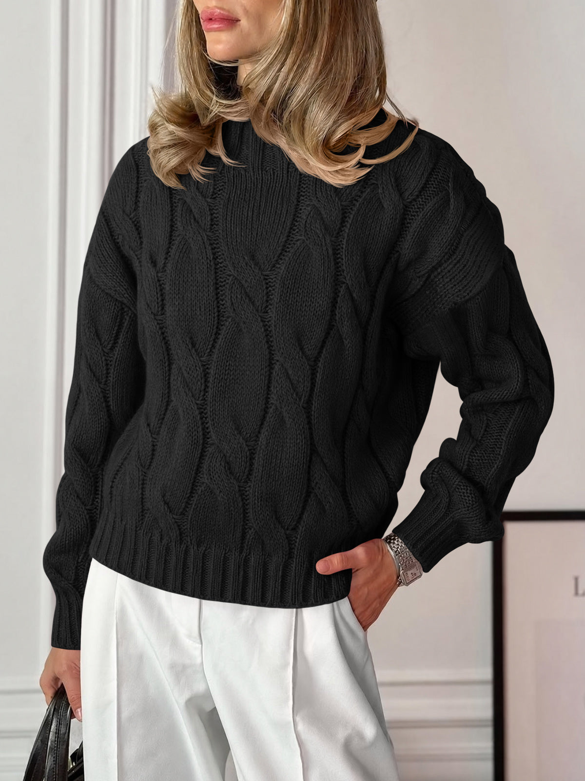 Saodimallsu Womens Mock Neck Cable Knit Sweater