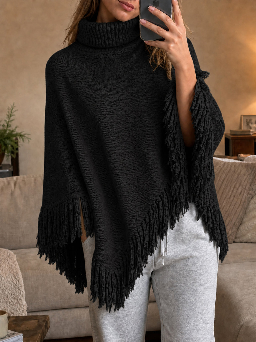 Saodimallsu Womens Fringe Turtleneck Poncho Sweater