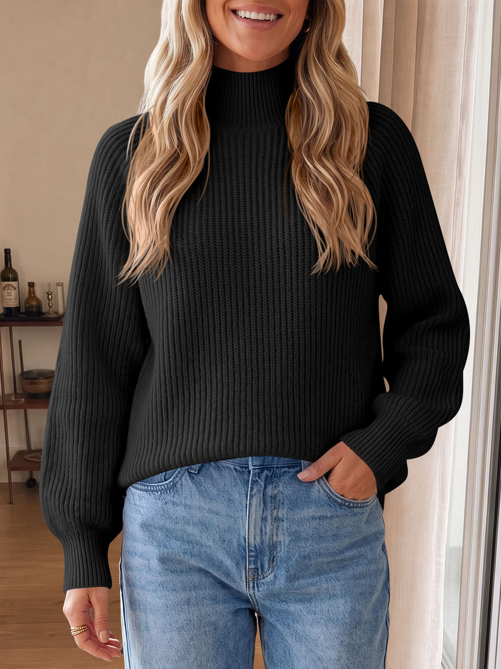 Saodimallsu Womens High Neck Oversized Knit Sweater