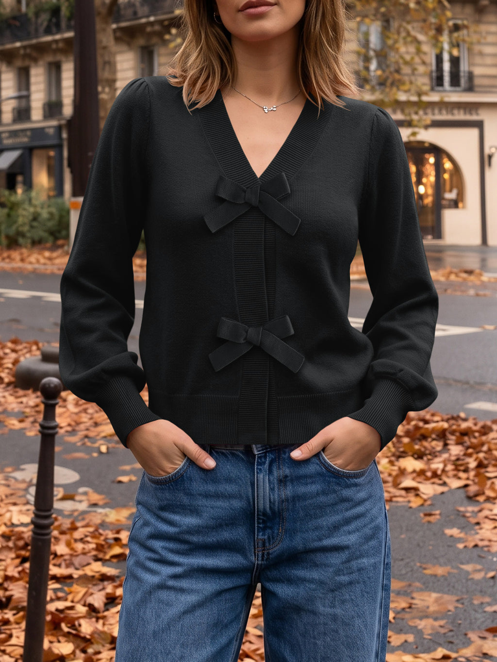 Saodimallsu Women V Neck Bow Knit Cardigan