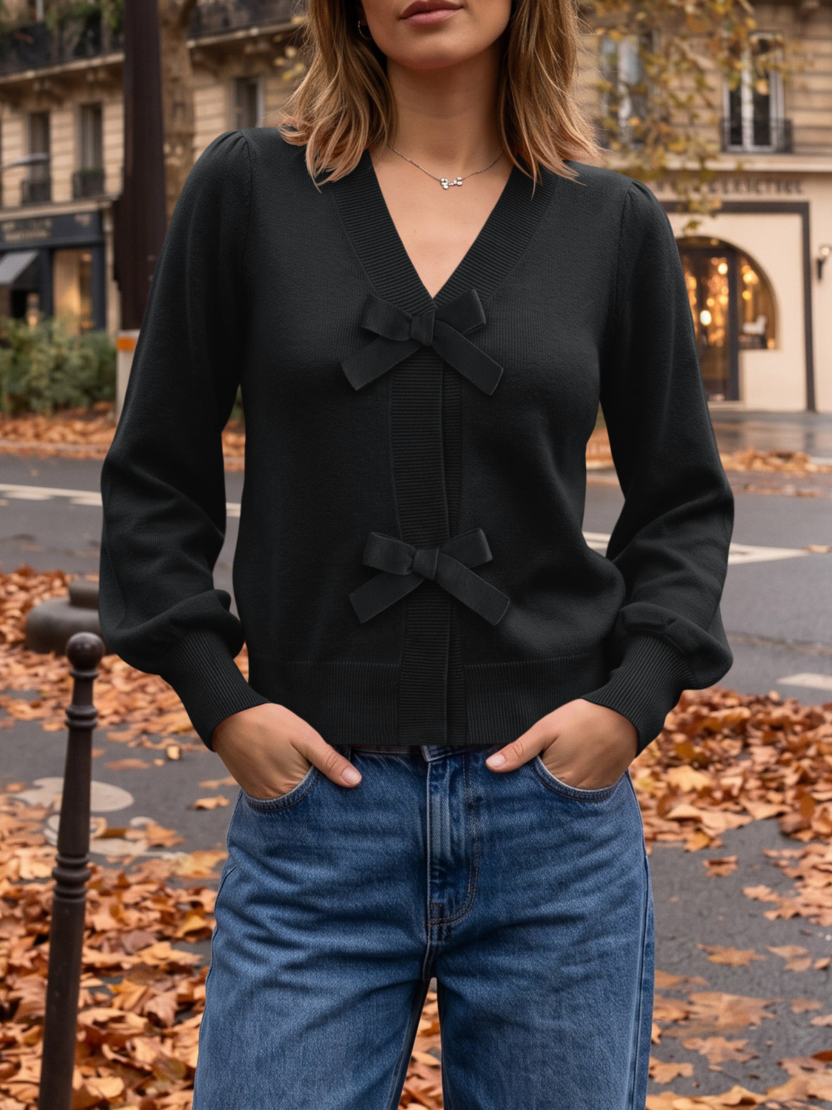 Saodimallsu Women V Neck Bow Knit Cardigan