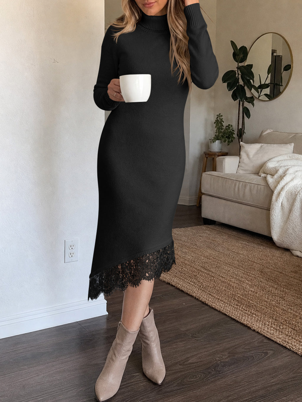 Saodimallsu Womens Lace Turtleneck Sweater Dress