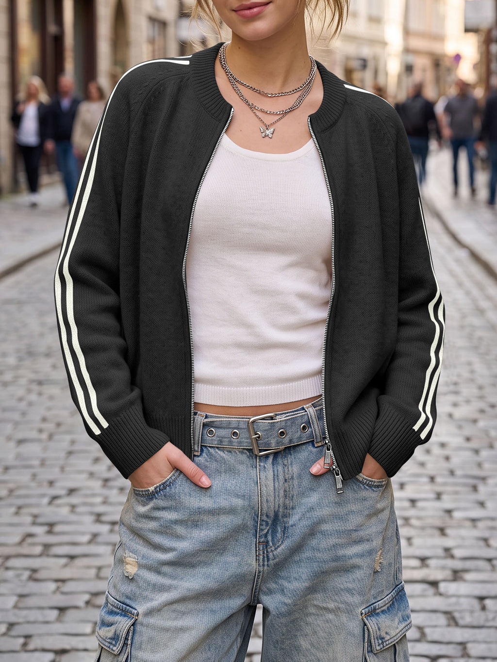 Saodimallsu Womens Zip Up Crew Neck Cardigan