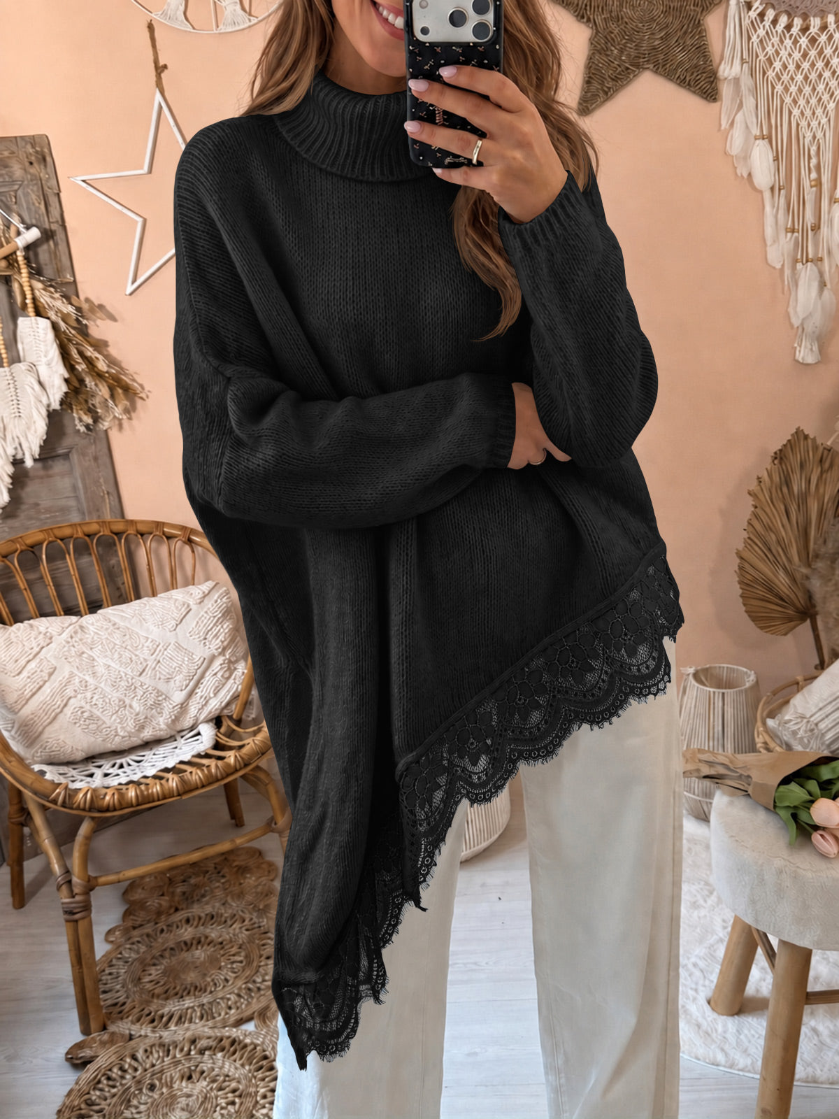 Saodimallsu Womens Oversized Batwing Sleeve Turtleneck Sweater