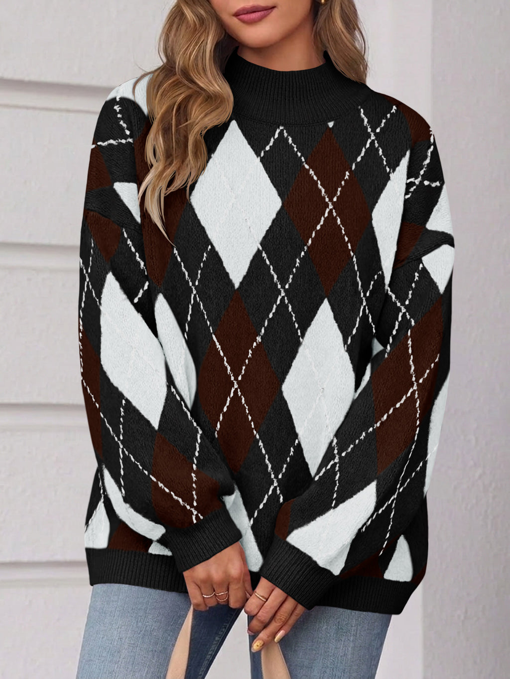 Saodimallsu Womens Oversized Argyle Fall Winter Sweater